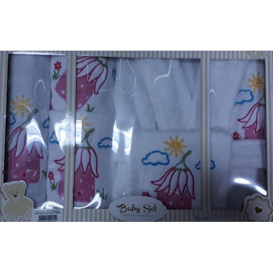 Altınbaşak Nakışlı Bambu Mini Bebek Seti Beyaz Renk Pembe Biyeli