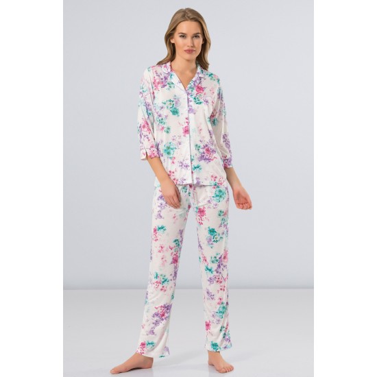Türen Çiçekli Erkek Yaka Kadın Pijama Takımı Yeşil 3264