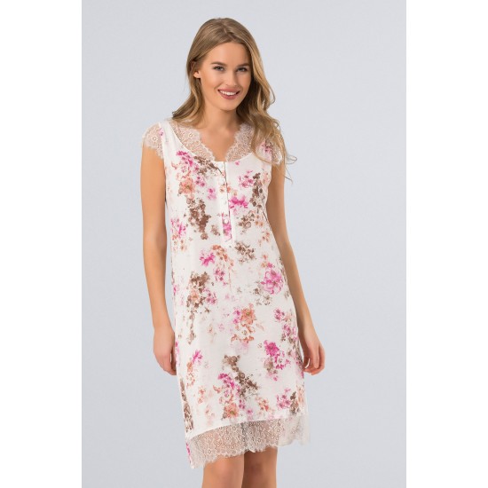 Türen Çiçekli Gecelik Kahve 3265