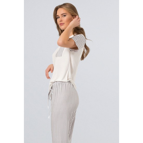 Türen Çizgili Bisiklet Yaka Kadın Pijama Takımı Gri 3258 Türen Çizgili Bisiklet Yaka Kadın Pijama Takımı Gri 3258