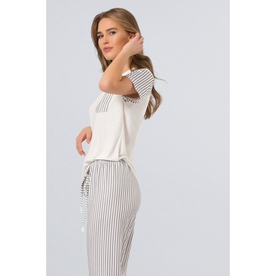 Türen Çizgili Bisiklet Yaka Kadın Pijama Takımı Gri 3258 Türen Çizgili Bisiklet Yaka Kadın Pijama Takımı Gri 3258