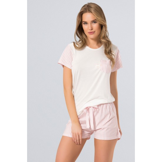Türen Çizgili Bisiklet Yaka Kadın Şort Takım Pembe 3260