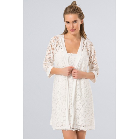 Türen Dantelli Gecelik Sabahlık Takım Ekru 3270