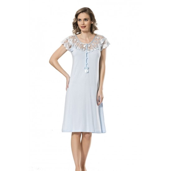 Türen Dantelli Kısa Kol Gecelik Mavi 3193