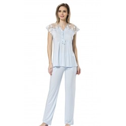 Türen Dantelli Kısa Kol Kadın Pijama Takımı Mavi 3192
