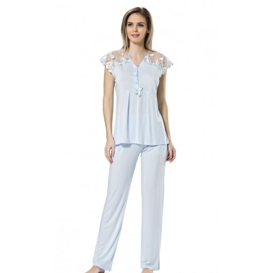Türen Dantelli Kısa Kol Kadın Pijama Takımı Mavi 3192